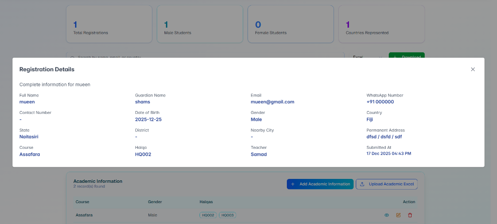 Student Information Modal